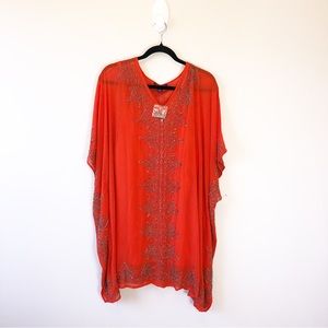 Roaman's Orange Hand Beaded Tunic Blouse Made In India Resort Wear Size 1X NWOTs